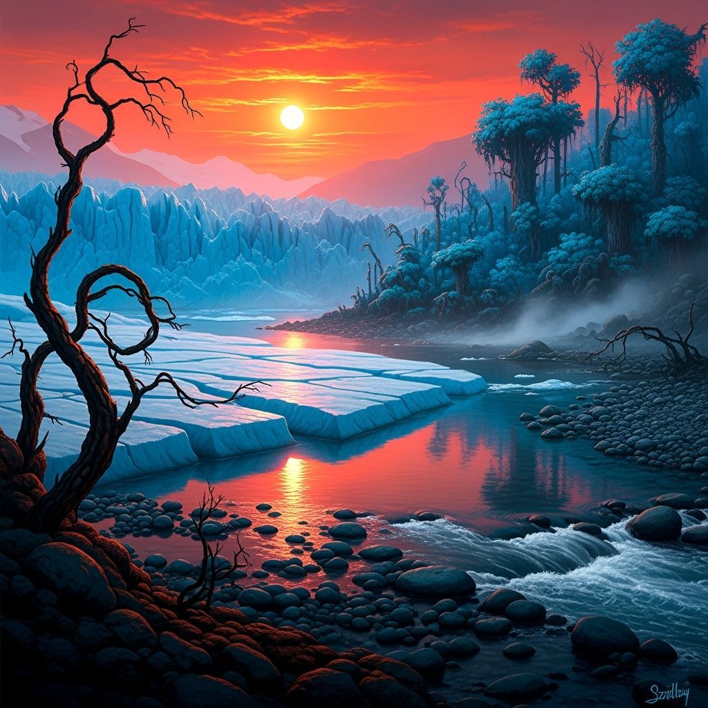 Surreal Glacier Landscape with River and Forest