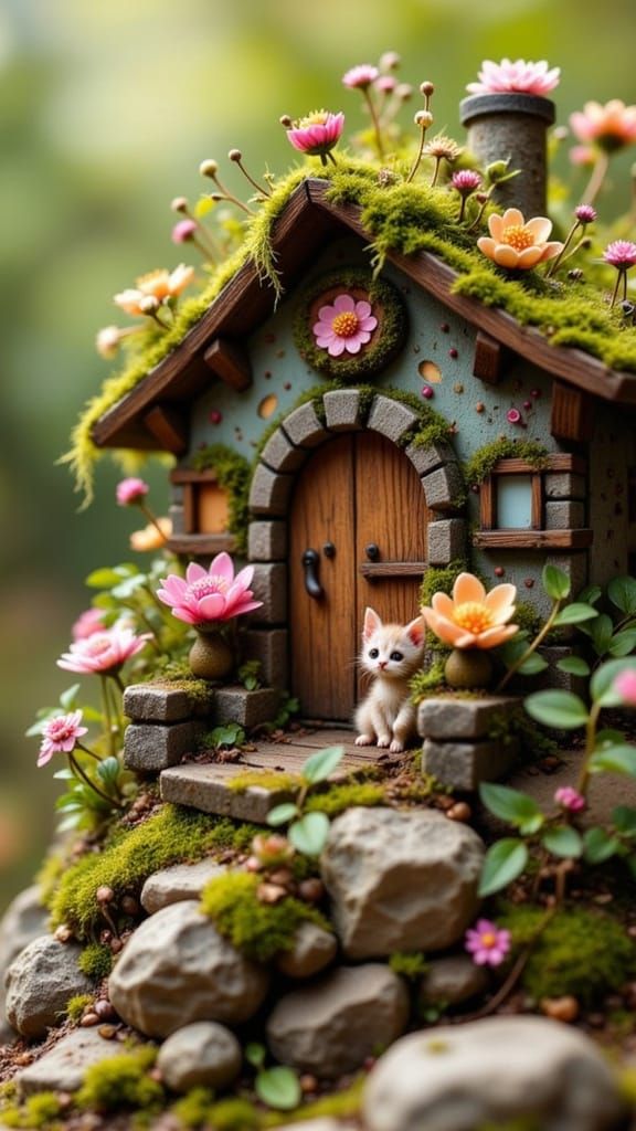 Whimsical Fairy Kitten Cottage in Sunlight