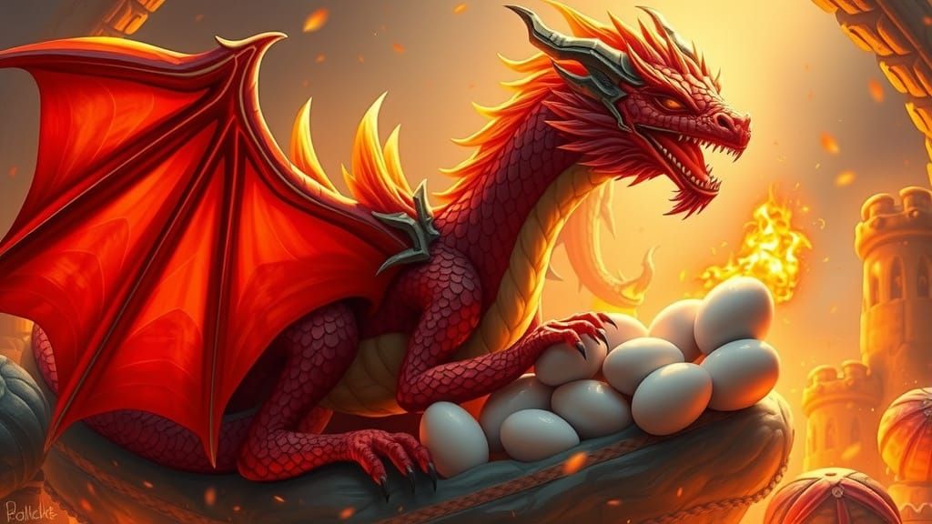 Majestic Fire Dragon Guarding Eggs in Fiery Lair