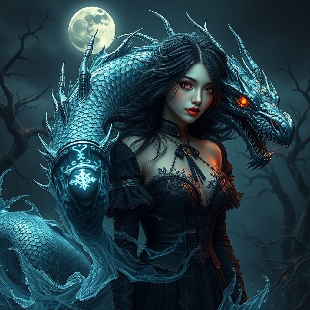 Surreal Water Goddess Meets Dark Dragon in Haunting Fantasy
