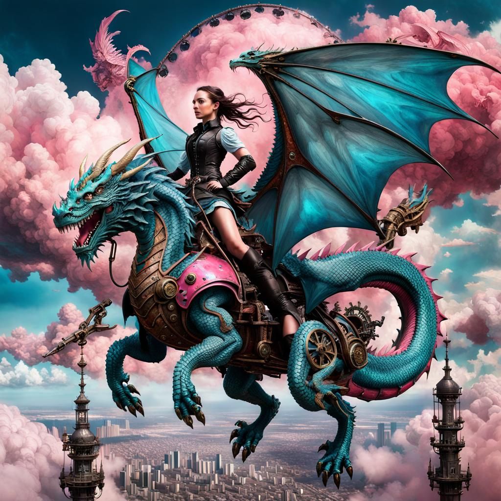 Steampunk Girl on Dragon in Pink Clouds, Epic Photography
