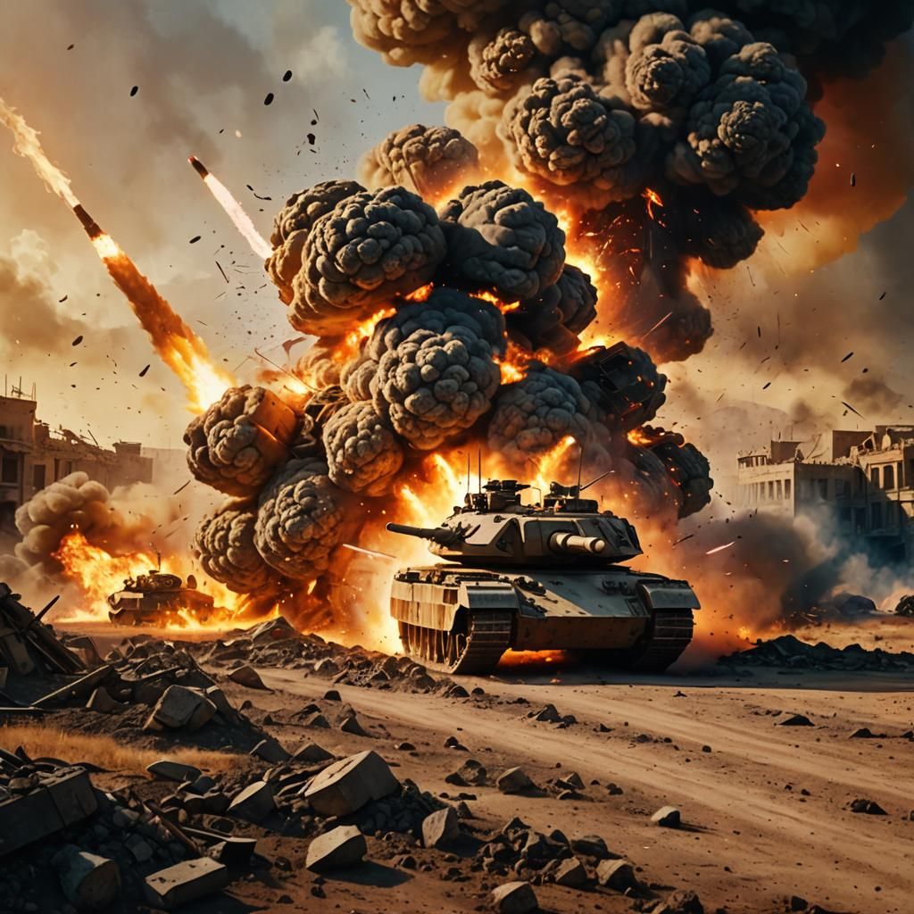 Tank Explodes in Fiery Battlefield Digital Art