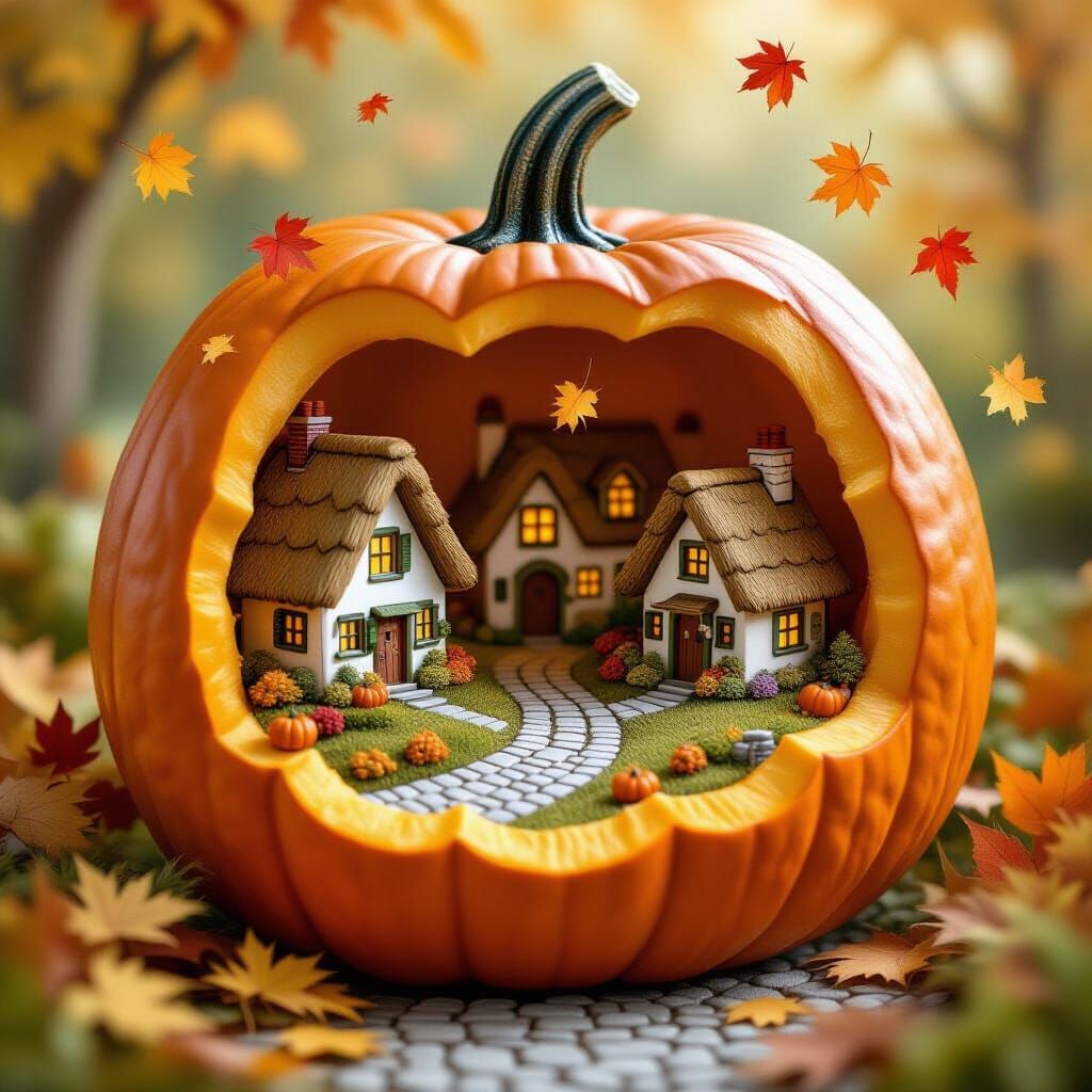 Cozy Village Inside Pumpkin, Autumn Leaves, Storybook Style