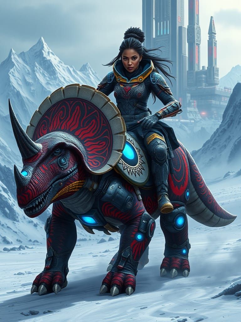 Cyberpunk Warrior on Armored Triceratops in Snowy Landscape