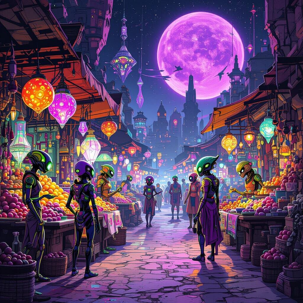 Bustling Alien Marketplace on Purple Planet