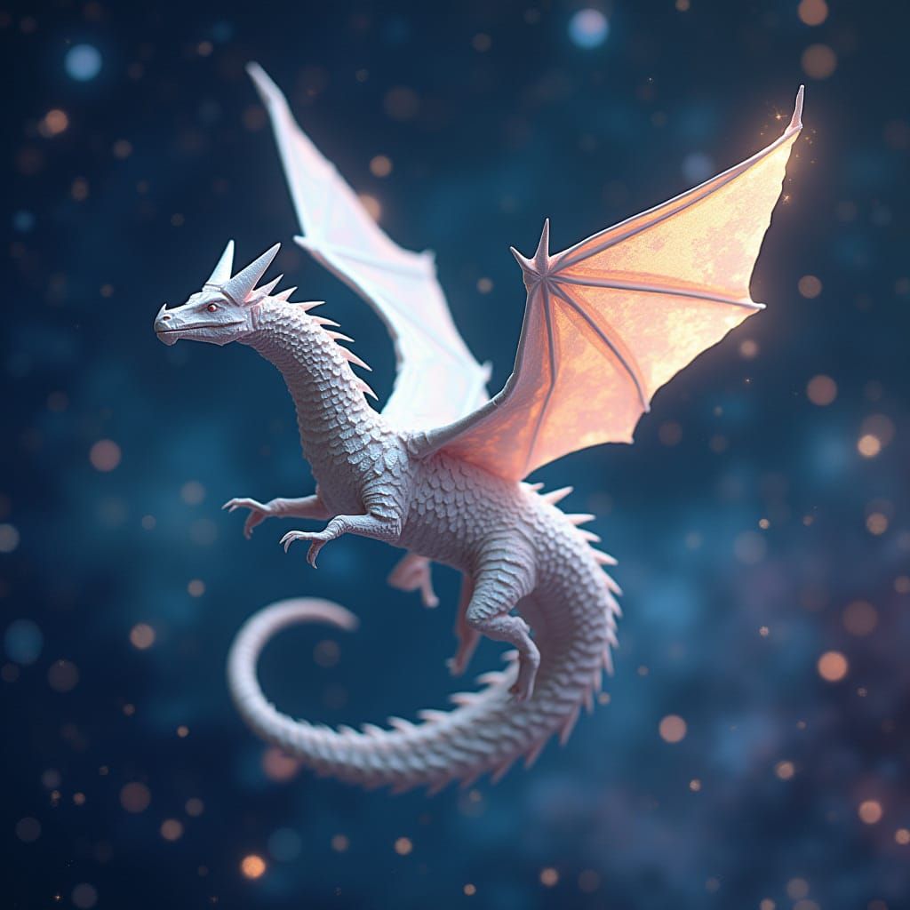Origami Dragon Soars Through Celestial Nebula in Dreamy, Whi...
