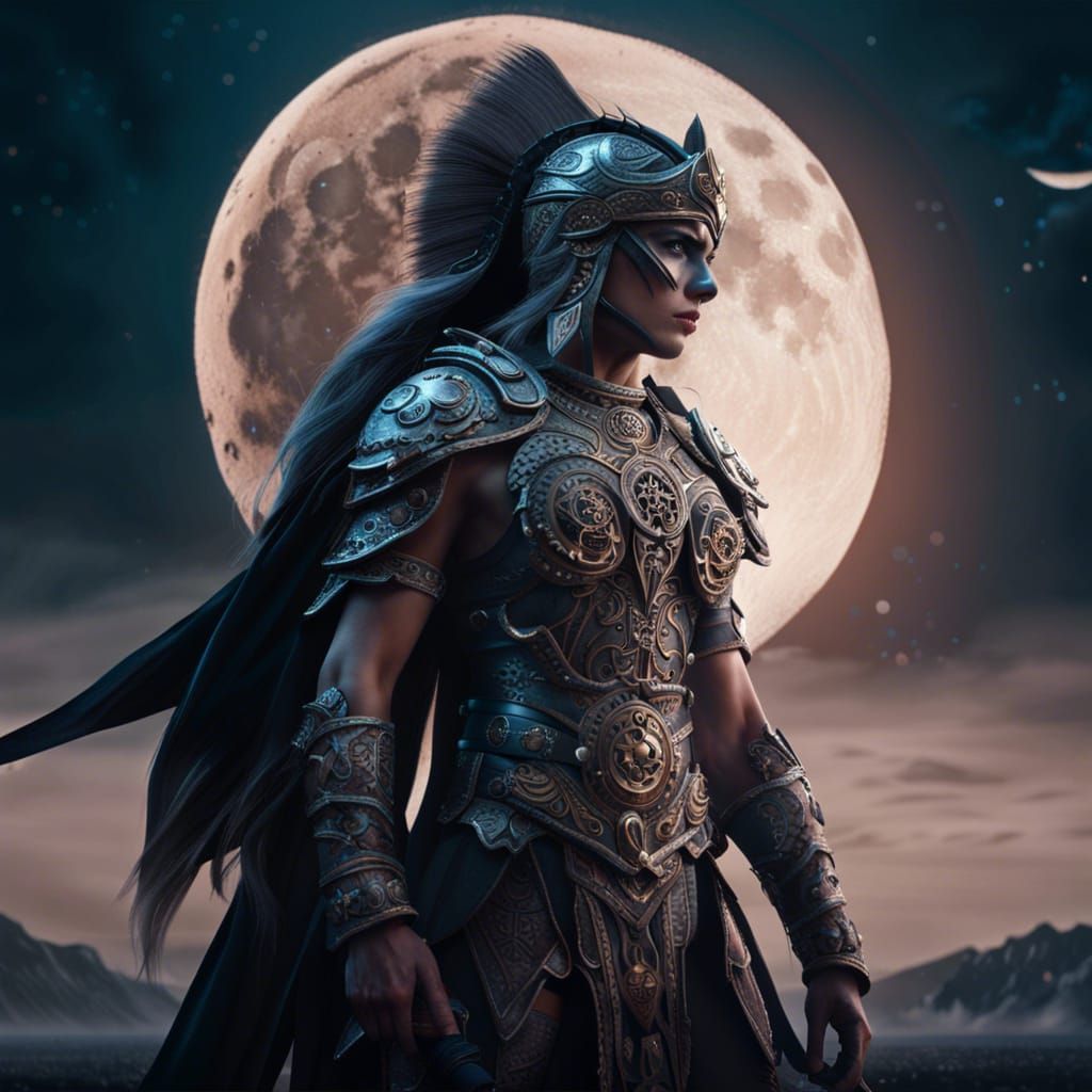 Gorgeous Warrior with Moon, Digital Matte Painting