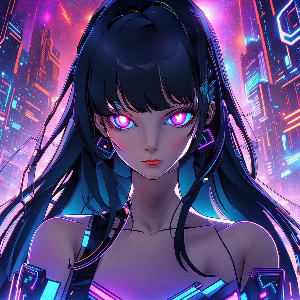 Cyberpunk Anime Goddess in Neon-Lit Futuristic Splendor