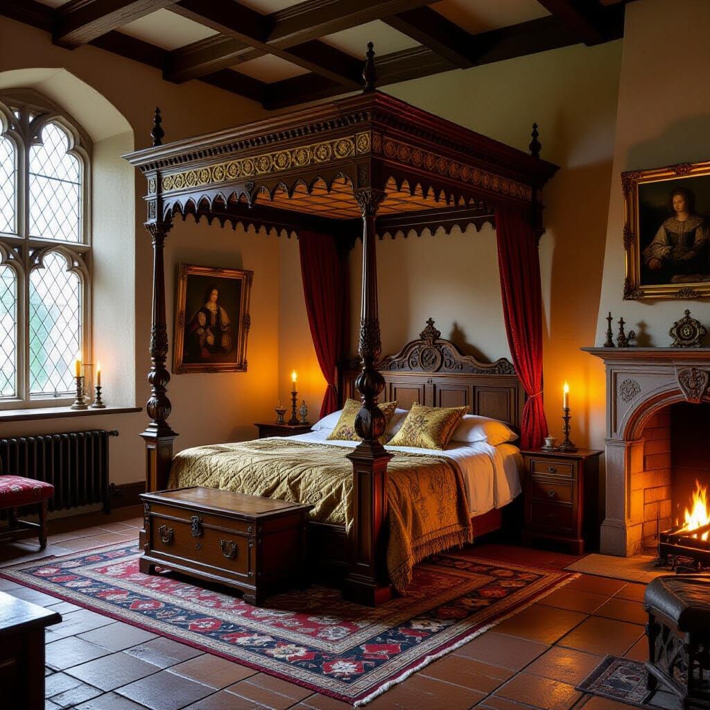 Medieval Bedchamber with Fireplace in Renaissance Style