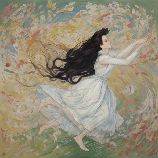 Expressionist Woman Leaps Amidst Floral Whirlwind