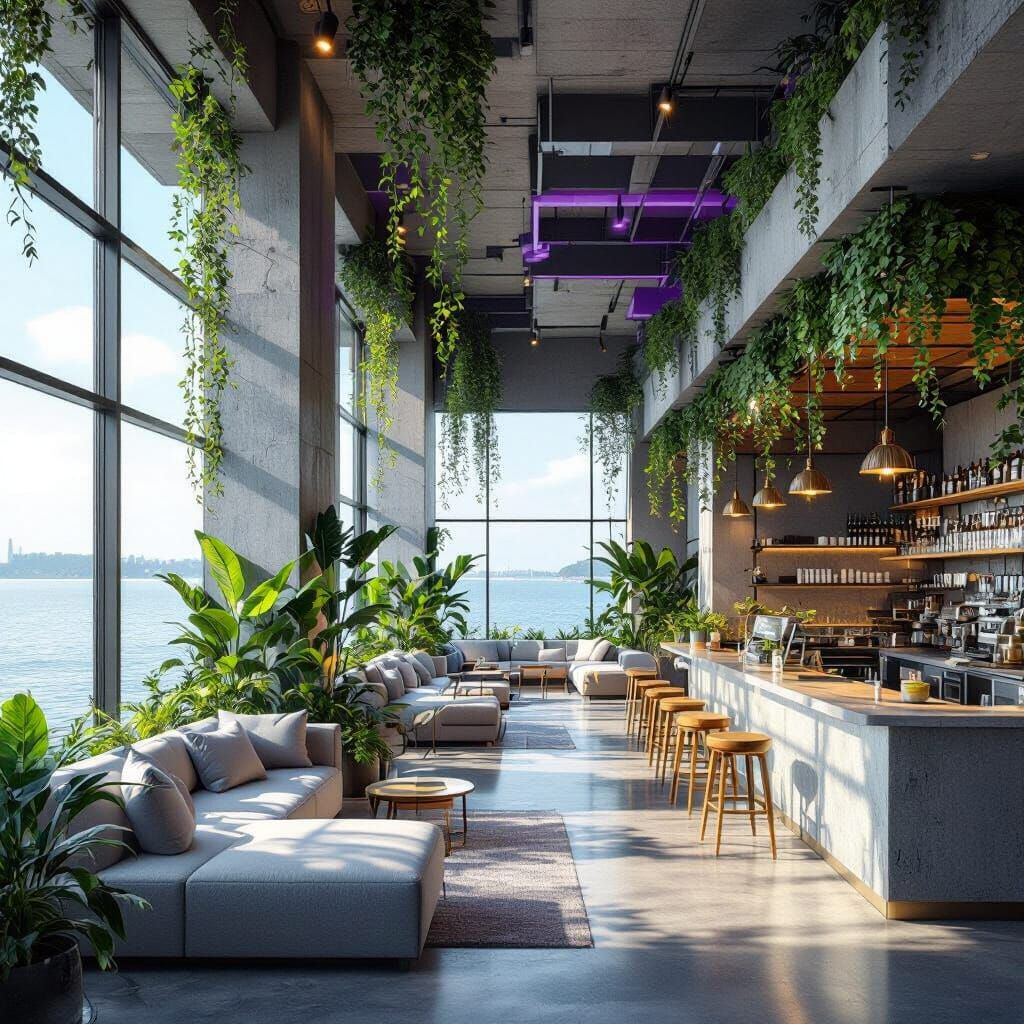 Modern Biophilic Cafe Overlooking Water