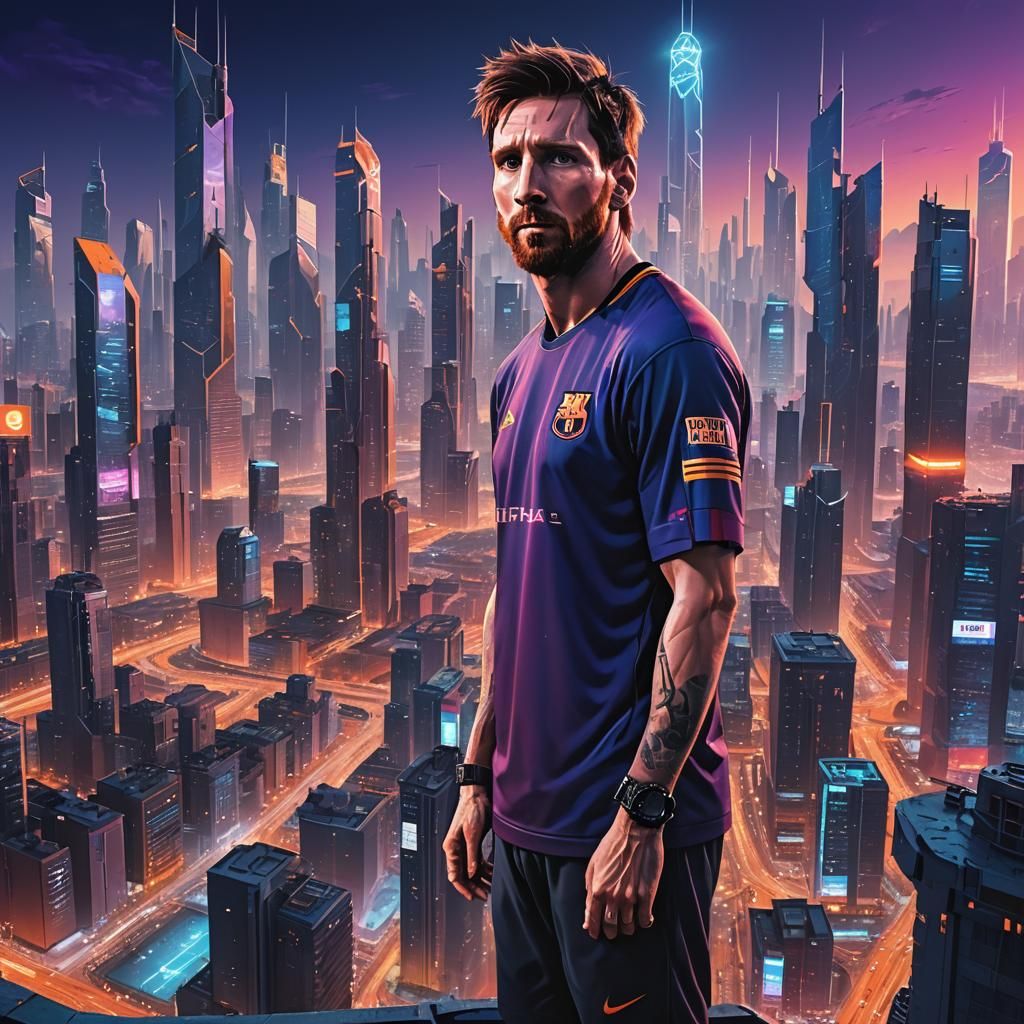 Futuristic Cityscape: Soccer Star in a Matte Painting