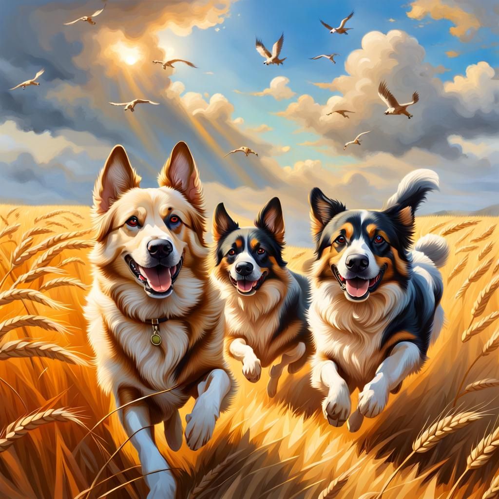 Happy Shepherd Dogs Running in Golden Wheat Field