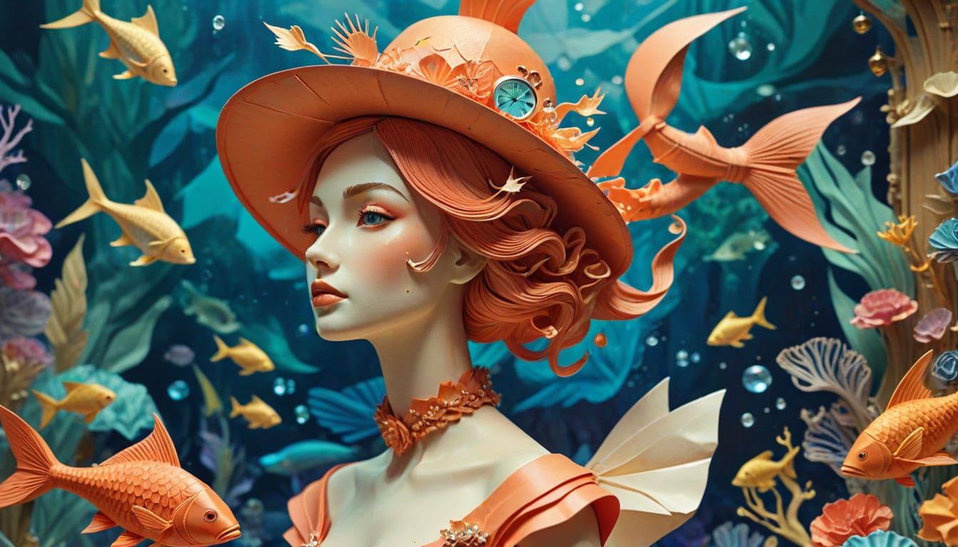 Steampunk Paper-Cut Art of Woman and Mermaid