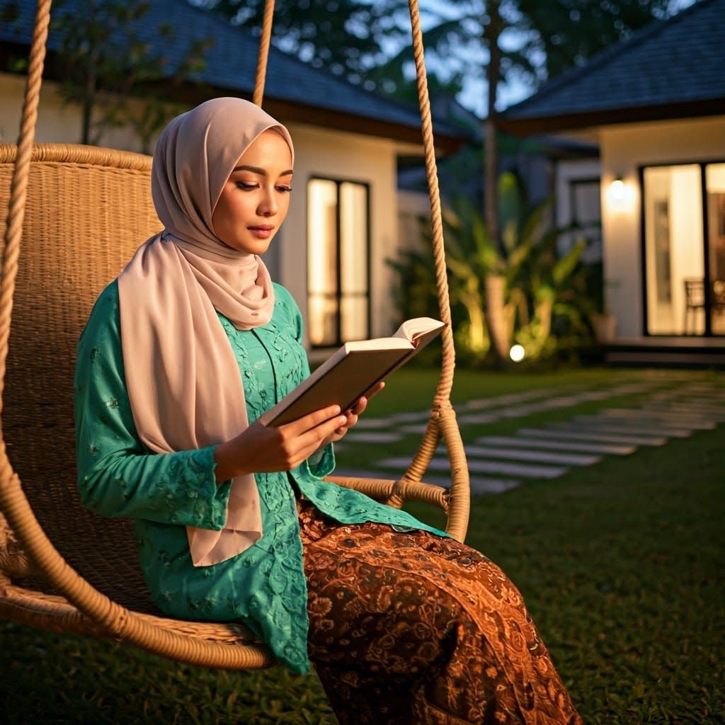 Serene Indonesian Woman Reading in Twilight Garden