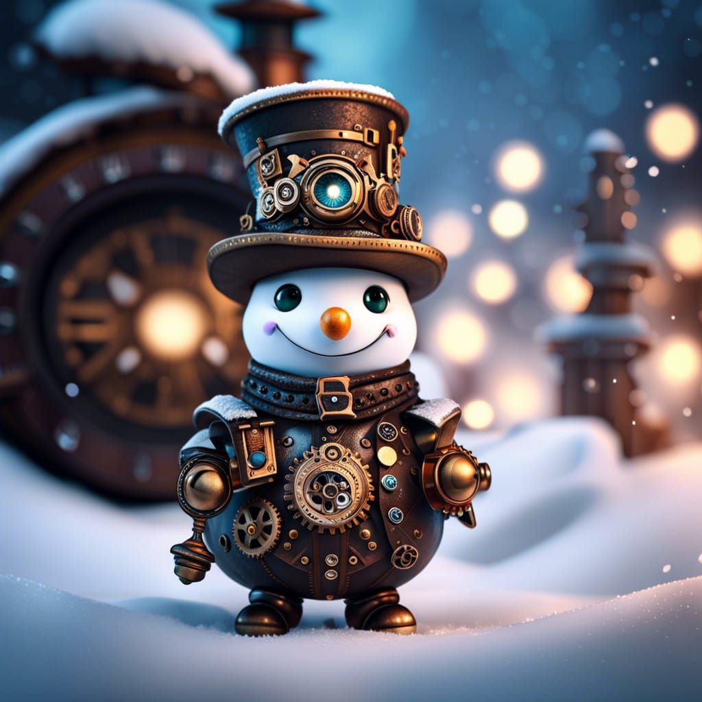 Cute Steampunk Snowman Portrait in Chibi Style