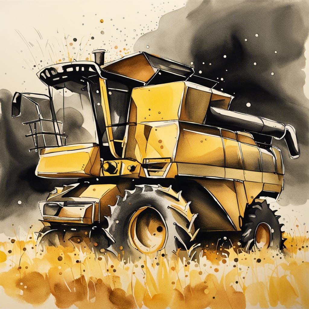Combine Harvester in Sumi Ink Style