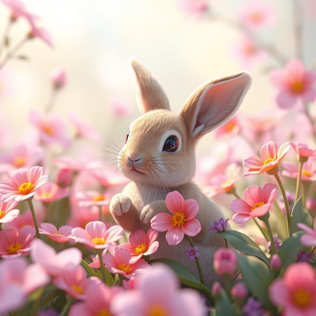 Cute Baby Rabbit Playing in Flowers: 3D Anime Art