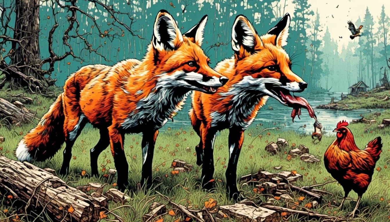 Two Foxes And A Chicken