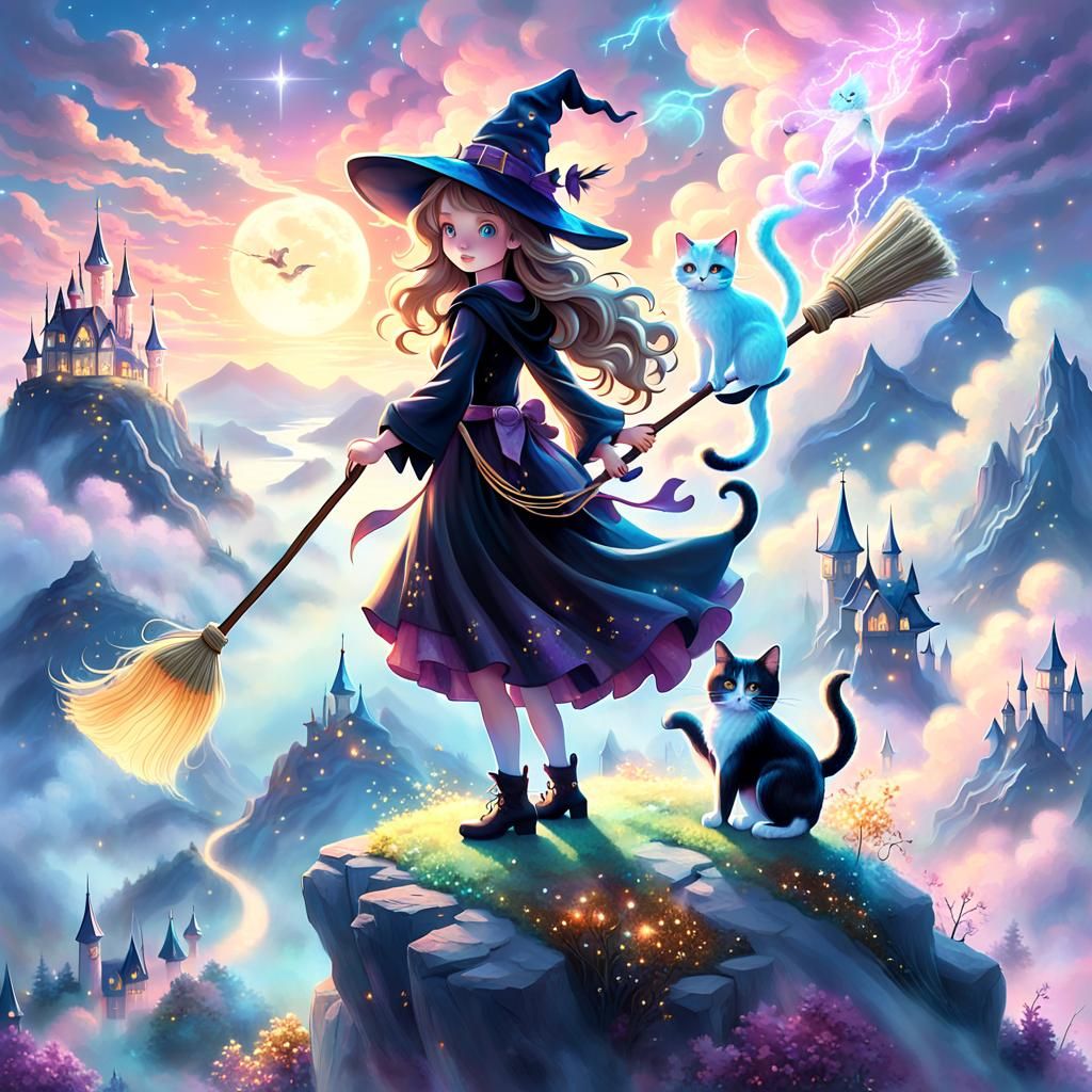 Cute Witch on Mountaintop in Ethereal Fantasy Style