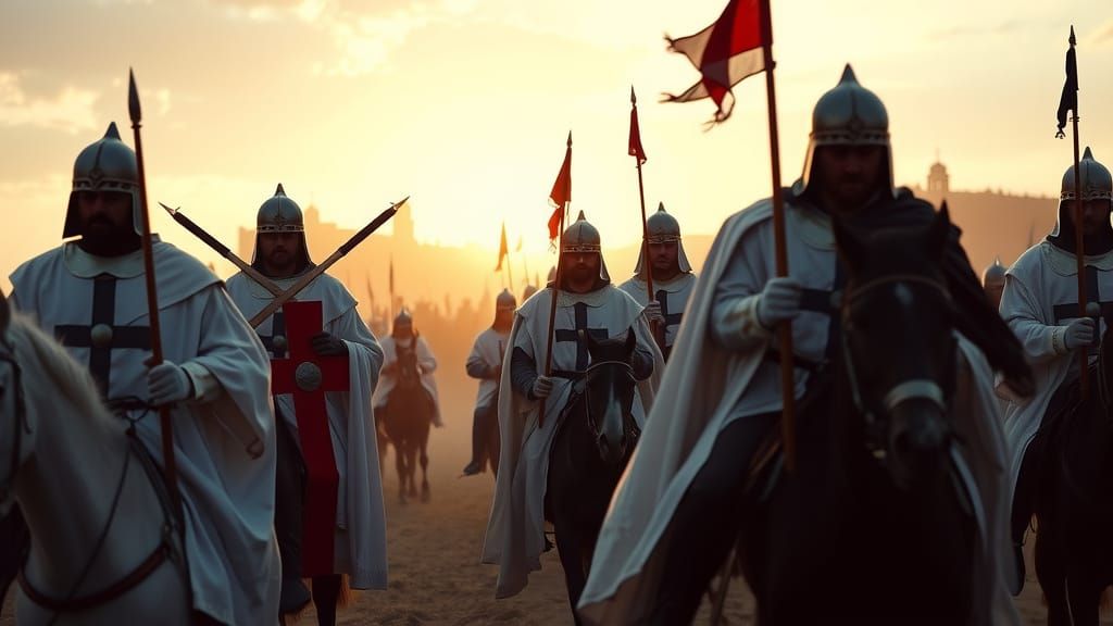 Templar Knights Ride to Acre: Cinematic 35mm Scene