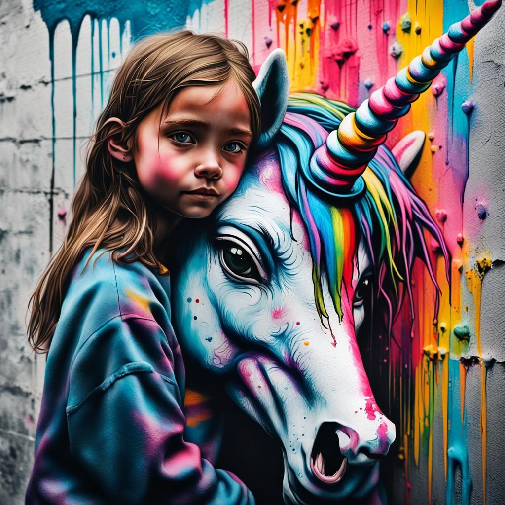 Girl Hugging Unicorn in Graffiti Street Art