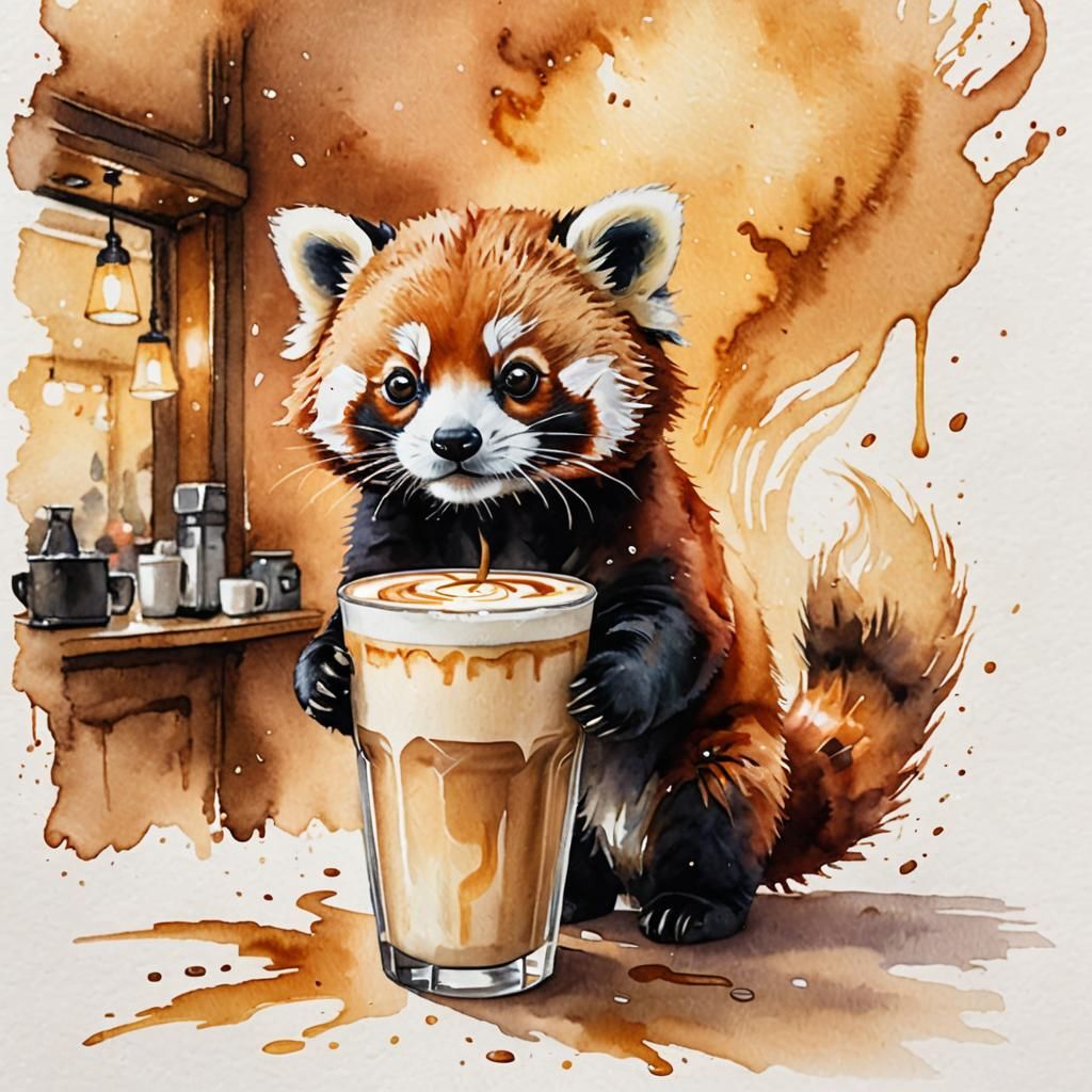 Whimsical Red Panda Watercolor Illustration in Cafe