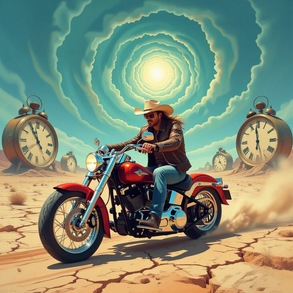 Surreal Cowboy Biker in a Distorted Landscape