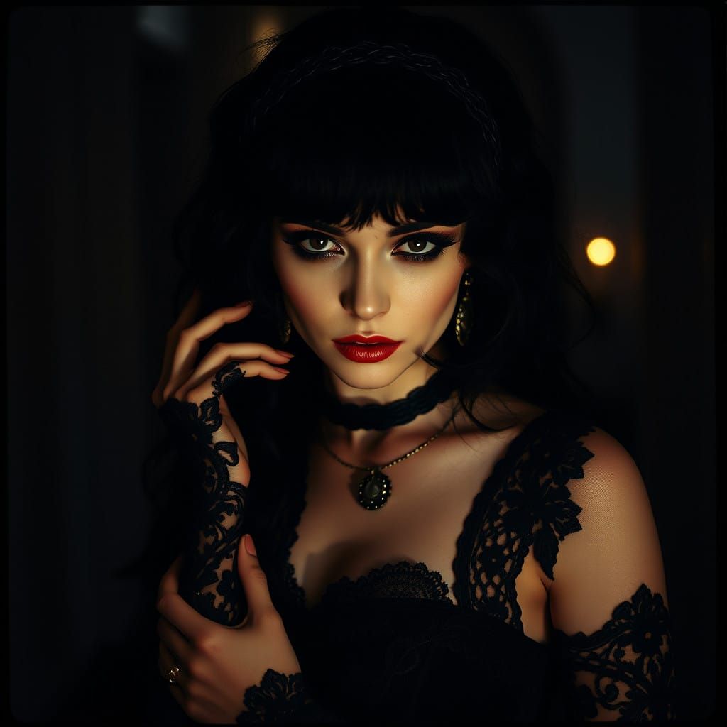 Gothic Woman in Moody, Cinematic Lighting, Ink-Like Textures