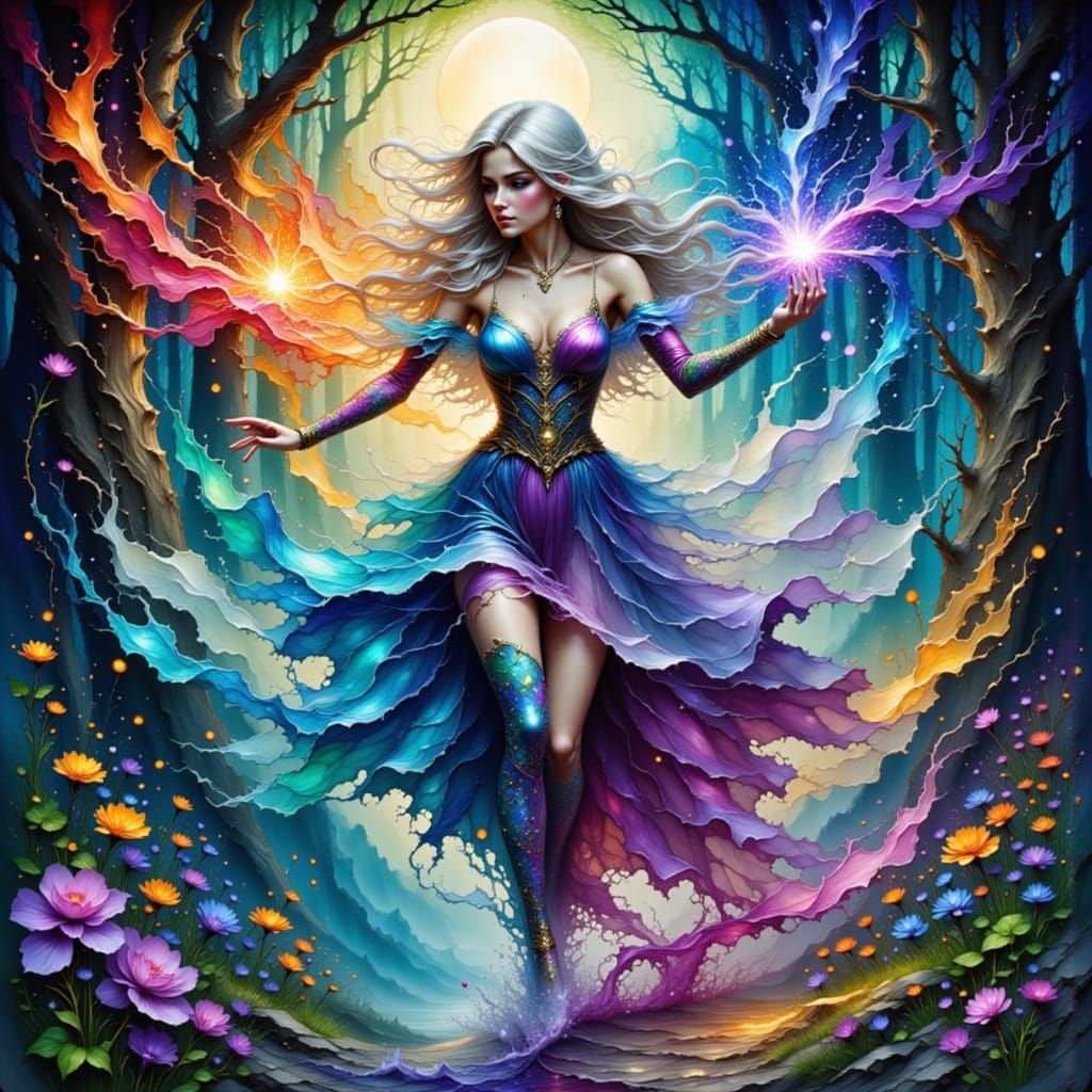 Crossblooded Elf Sorceress in Ink Wash Style