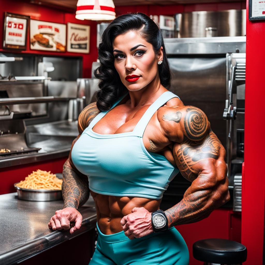 Diner Waitress with Muscular Build and Tattoos