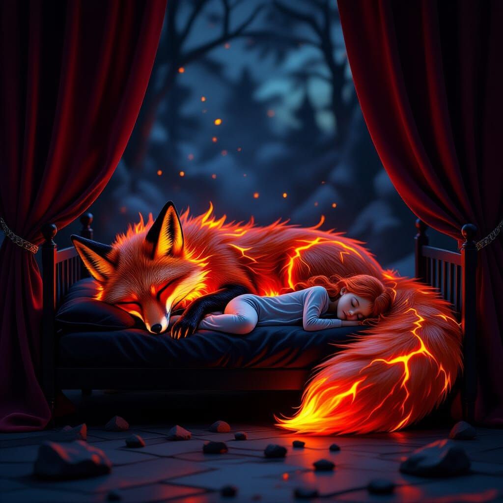 Ethereal Lava Fox with Girl in Dark Fantasy Style