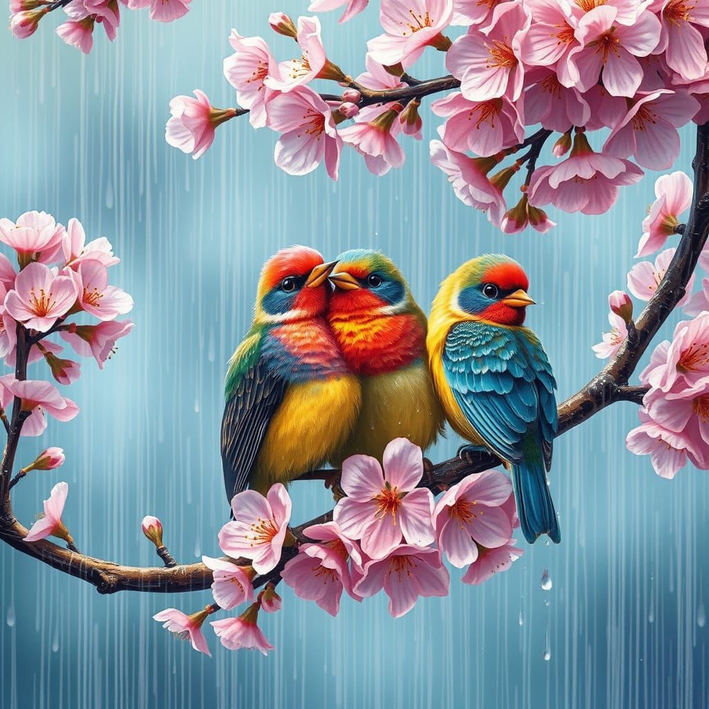 Birds Perched on Cherry Blossom Branch in Soft Pastel Colors