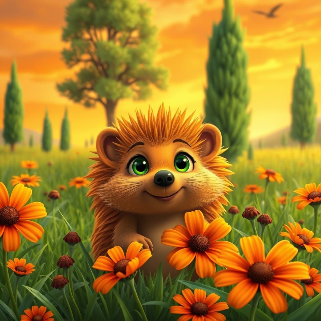 Surreal Cartoon Hedgehog in Vibrant Green Meadow with Orange...