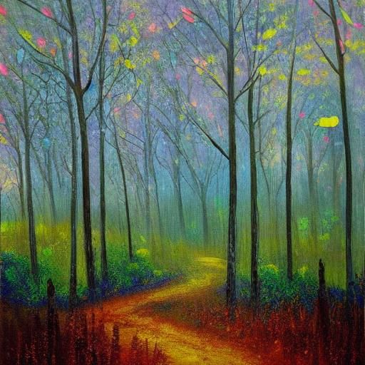 Ethereal Fantasy Forest with Fireflies in Oil Painting Style