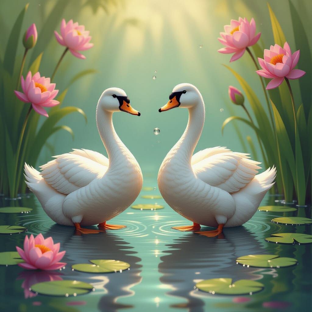 Ducks Emerge from Pond in Camille Rose Garcia Style