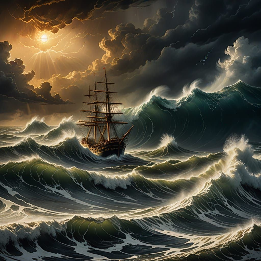 Epic Stormy Seascape with Ships in Turbulent Waters