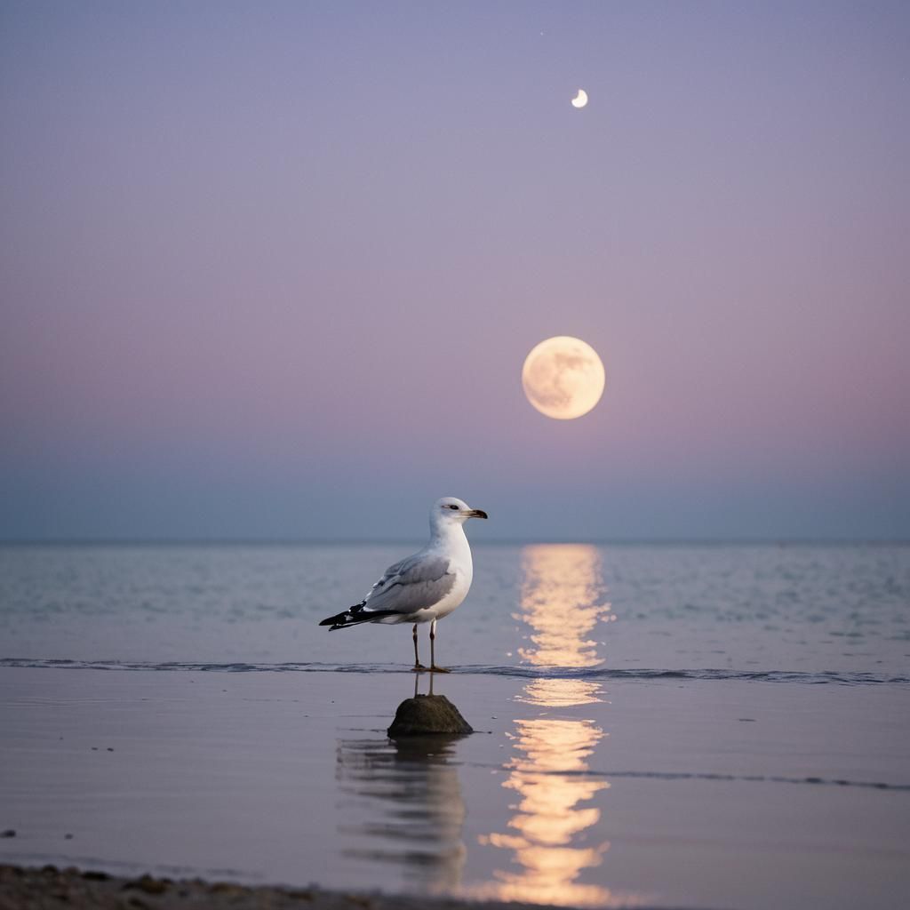 Seagull Watches Moonrise: Fine Art Photography
