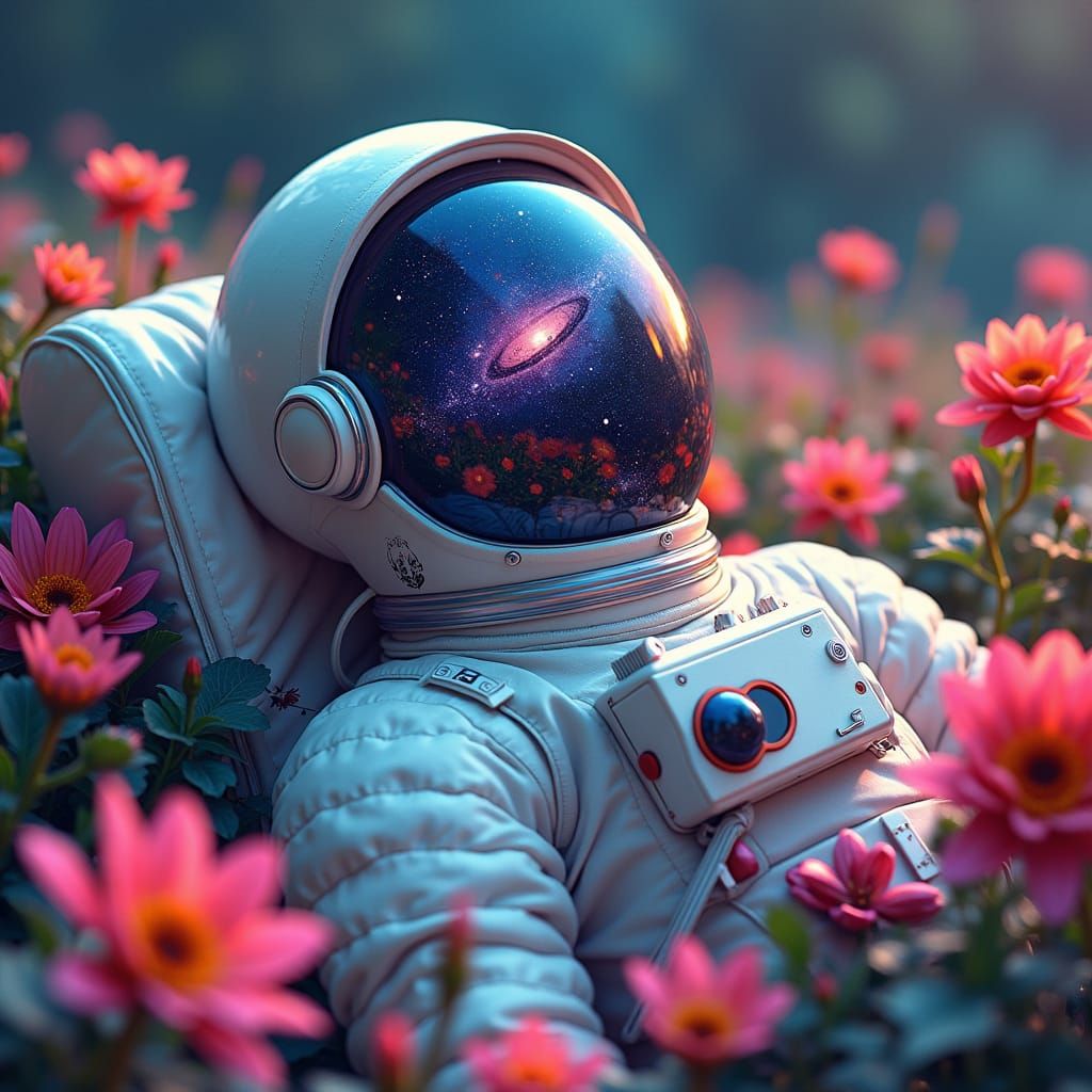 Astronaut in Flower Garden Reflecting the Universe