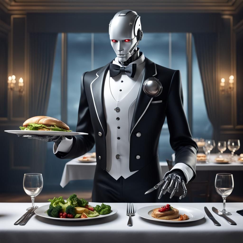Photorealistic Cyborg Butler Serving Dinner