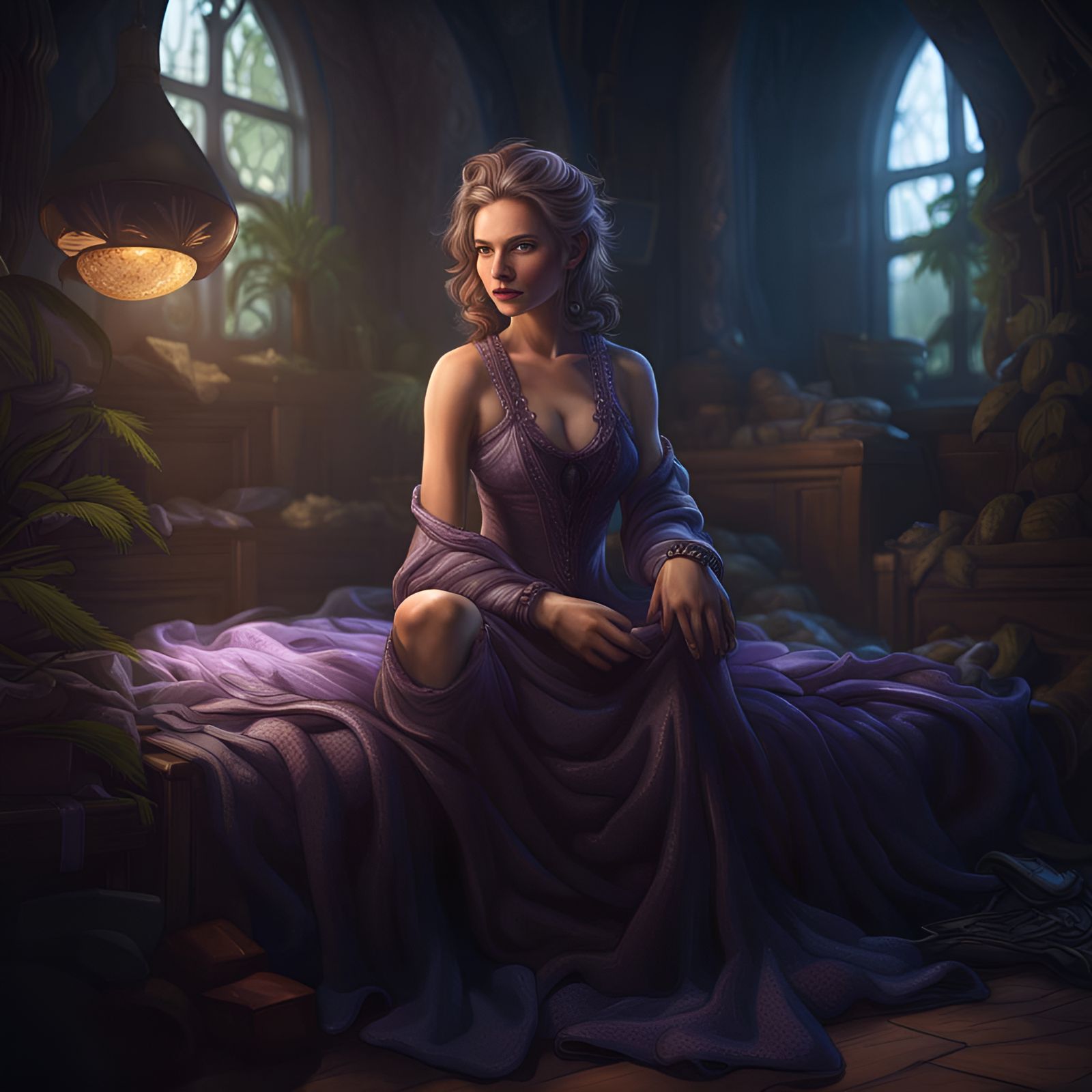 Anime Woman with Purple Hair and Amethyst Eyes