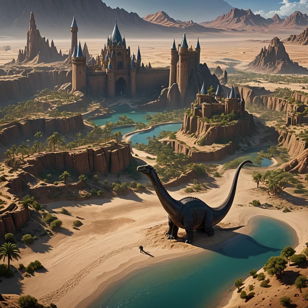 Man Rides Diplodocus to Citadel: Fantasy Art
