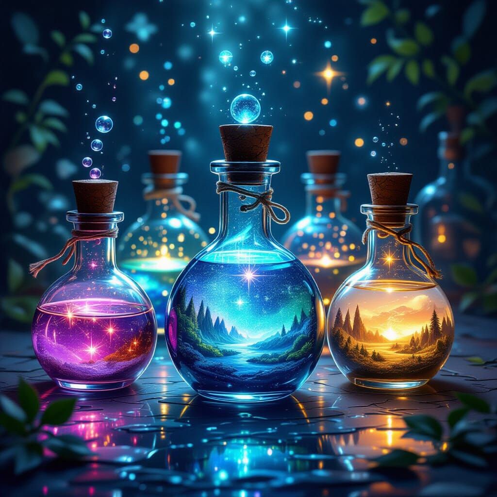 Magical Glowing Potions in Glass Vials