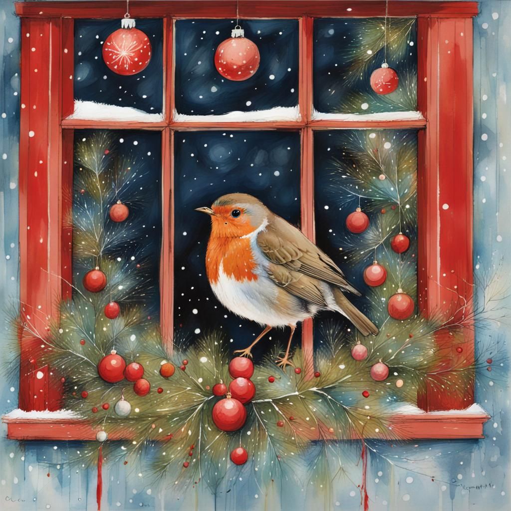 Festive Robin in Christmas Window, Mixed Media Art