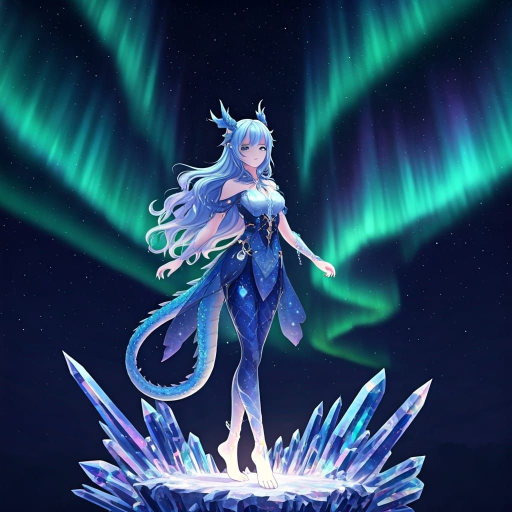Celestial Anime Dragon Girl Dancing Under Aurora