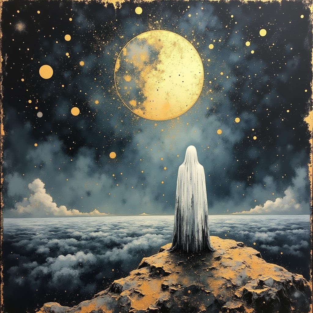 Shrouded Figure Gazing into Space with Gold Accents