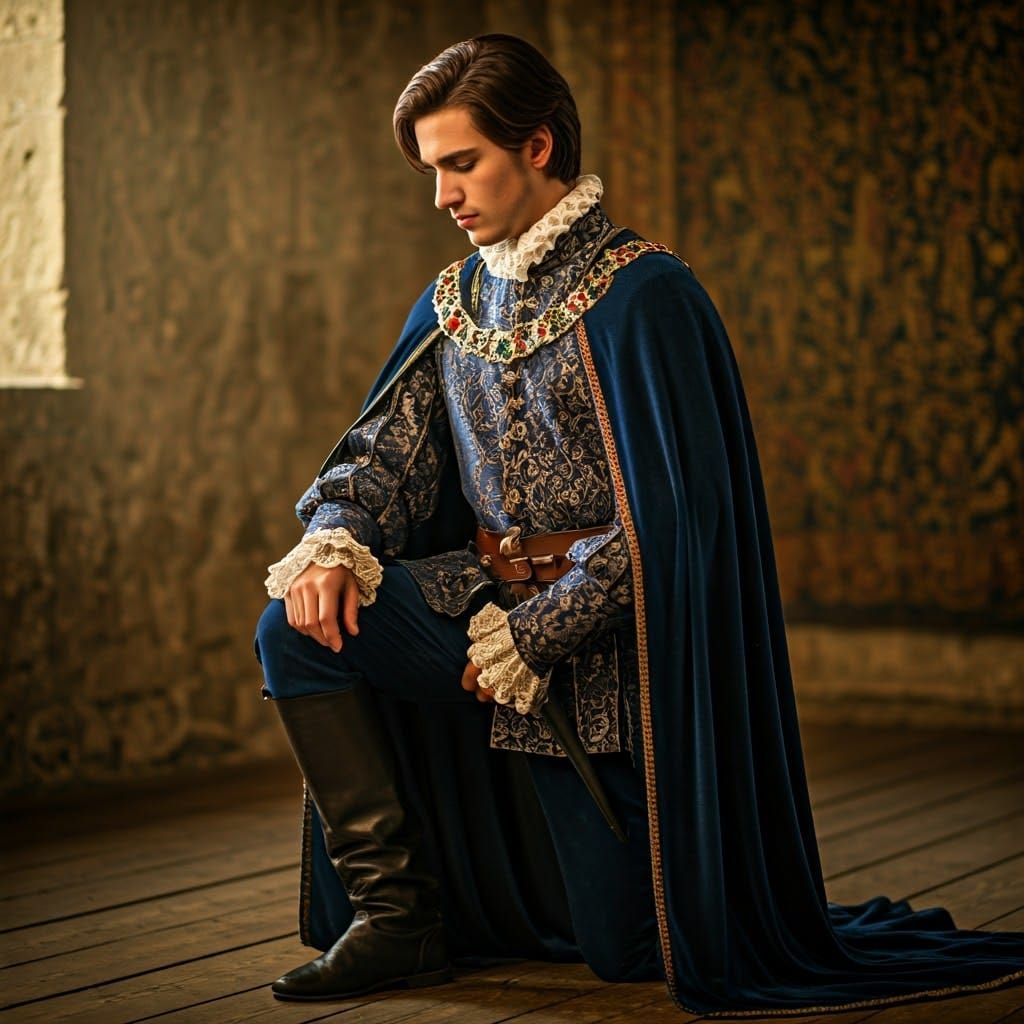 Medieval Spanish Prince in Blue Velvet Outfit