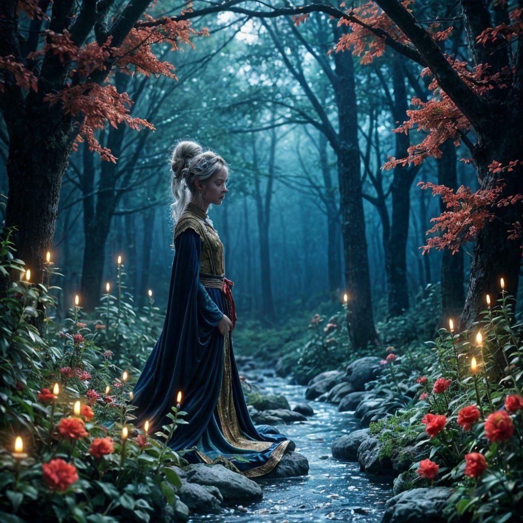 Elegant Blue Drow Elf Prince Amidst a Red Forest