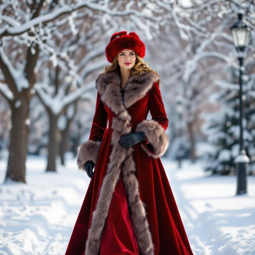 Woman in Red Velvet Gown Strolls Snowy Winter Park