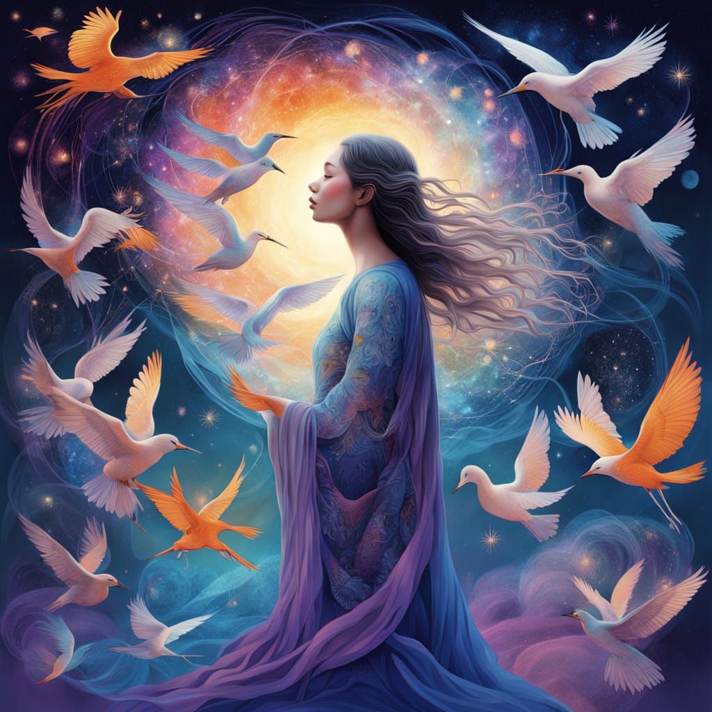 Ethereal Woman Transforms into Birds Amid Cosmic Energy